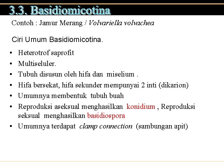 Contoh : Jamur Merang / Volvariella volvachea Ciri Umum Basidiomicotina. • • • Heterotrof