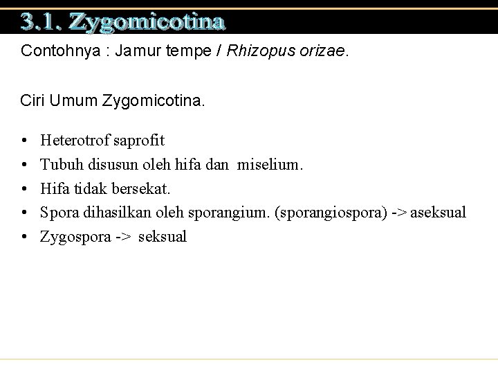 Contohnya : Jamur tempe / Rhizopus orizae. Ciri Umum Zygomicotina. • • • Heterotrof