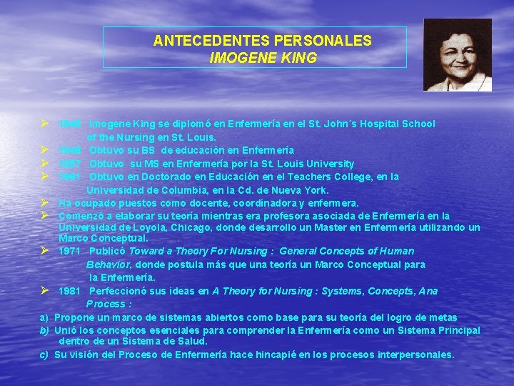 ANTECEDENTES PERSONALES IMOGENE KING Ø 1945 Imogene King se diplomó en Enfermería en el