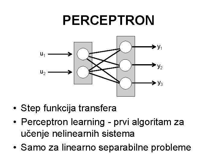 PERCEPTRON u 1 u 2 y 1 y 2 y 3 • Step funkcija