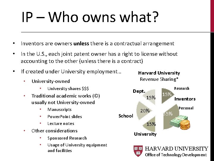 IP – Who owns what? • Inventors are owners unless there is a contractual IP – Who owns what? • Inventors are owners unless there is a contractual