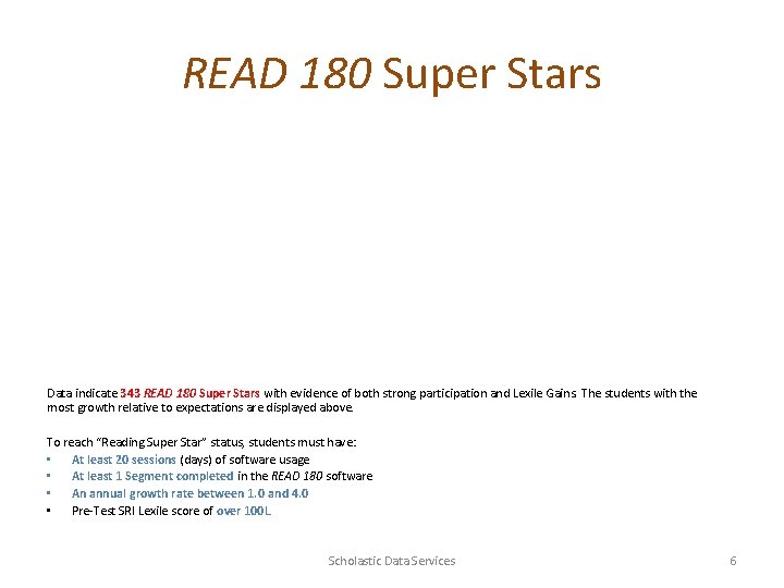 READ 180 Super Stars Data indicate 343 READ 180 Super Stars with evidence of