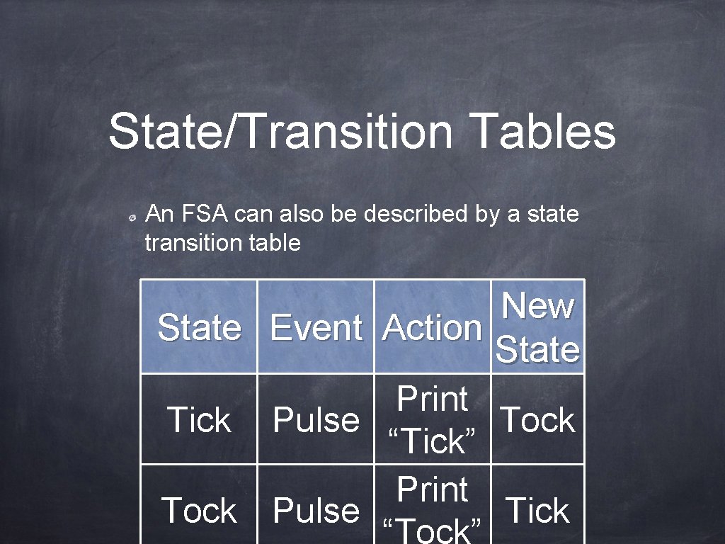 State/Transition Tables An FSA can also be described by a state transition table New