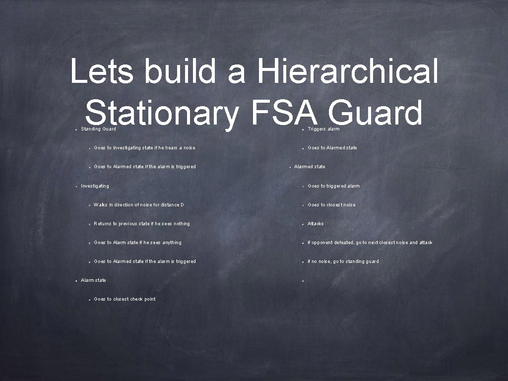 Lets build a Hierarchical Stationary FSA Guard Standing Guard Goes to Investigating state if