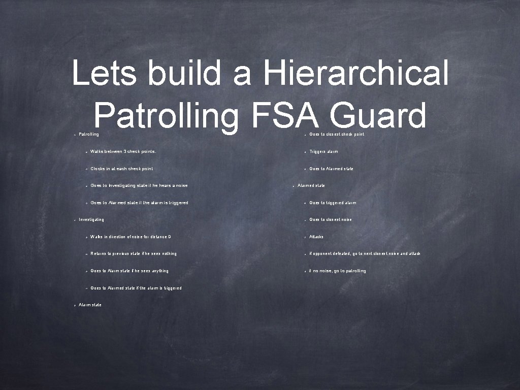 Lets build a Hierarchical Patrolling FSA Guard Patrolling Goes to closest check point Walks