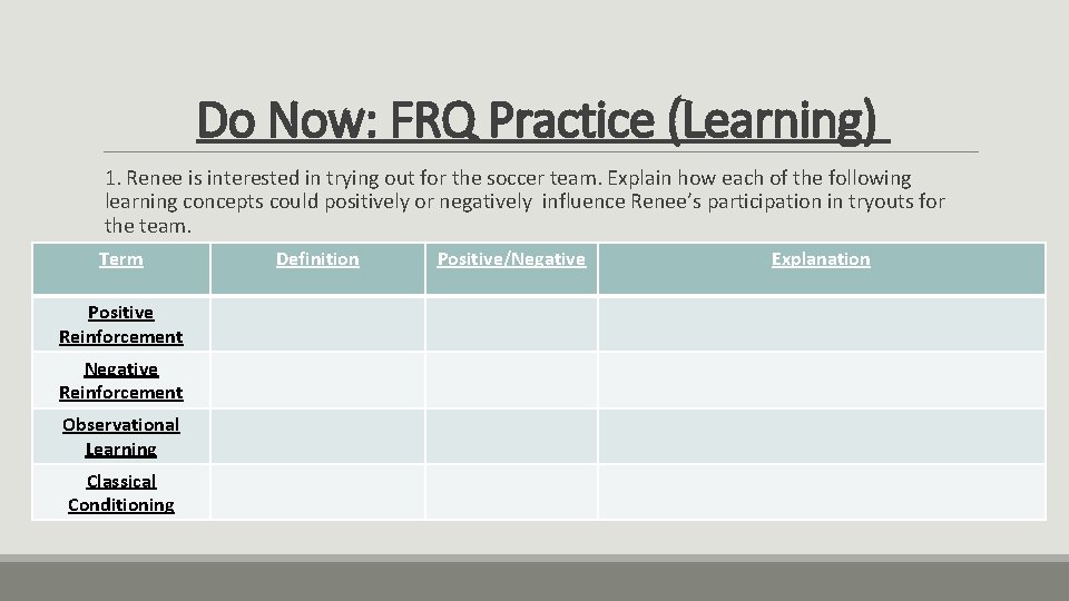 Do Now: FRQ Practice (Learning) 1. Renee is interested in trying out for the