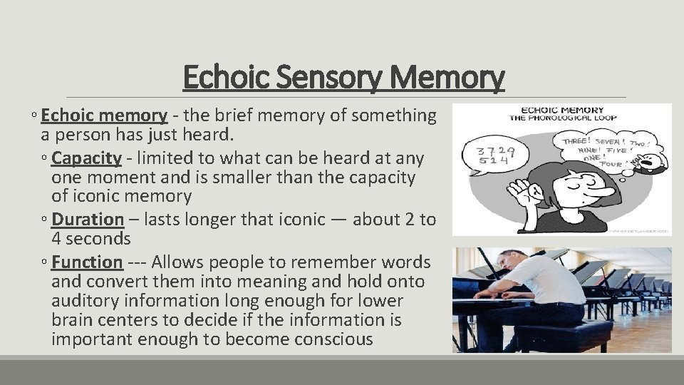 Echoic Sensory Memory ◦ Echoic memory - the brief memory of something a person