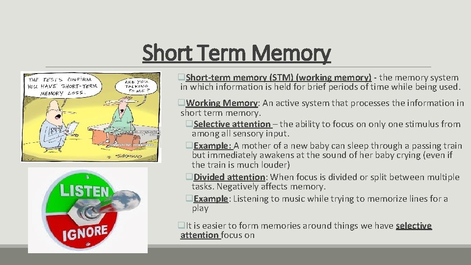 Short Term Memory q. Short-term memory (STM) (working memory) - the memory system in