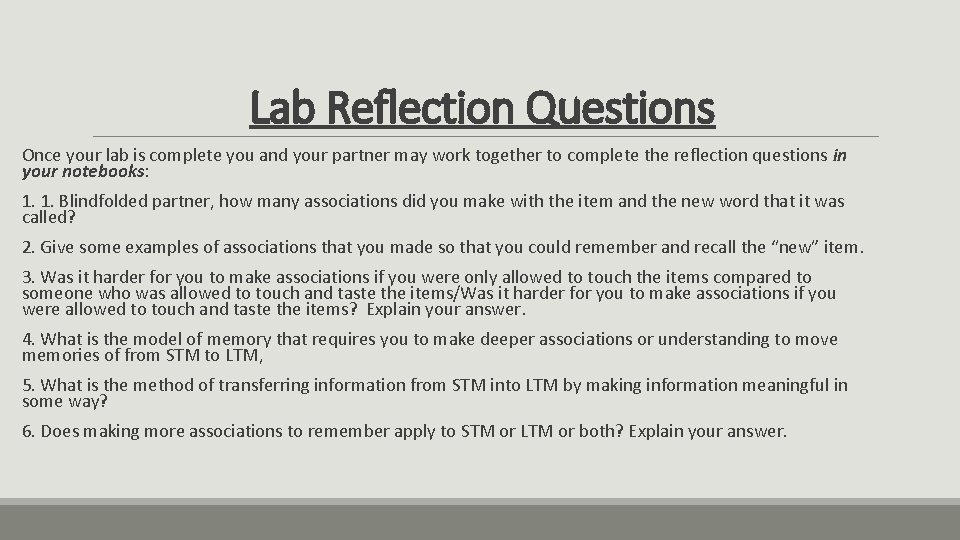 Lab Reflection Questions Once your lab is complete you and your partner may work