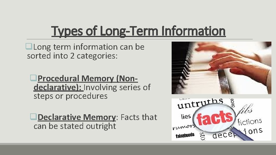 Types of Long-Term Information q. Long term information can be sorted into 2 categories:
