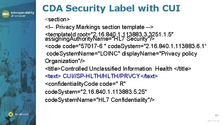 CDA Security Label with CUI <section> <!-- Privacy Markings section template --> <template. Id