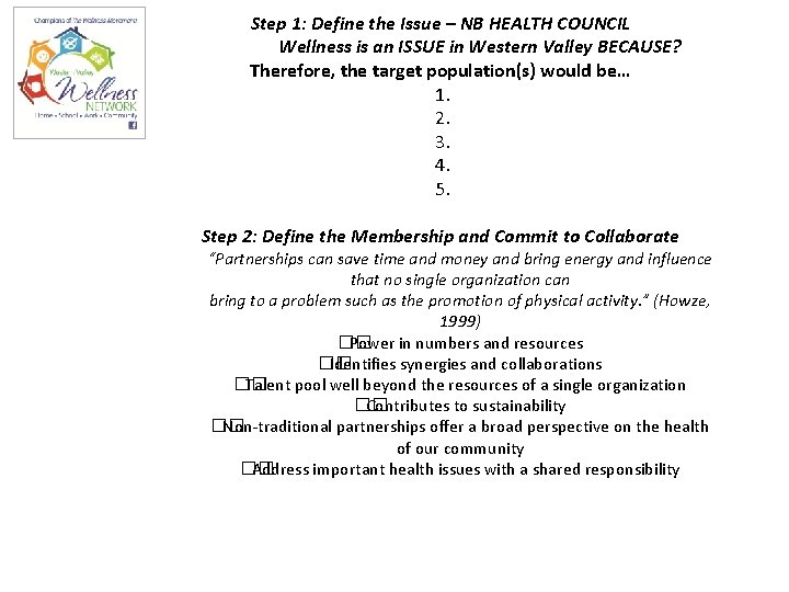 Step 1: Define the Issue – NB HEALTH COUNCIL Wellness is an ISSUE in