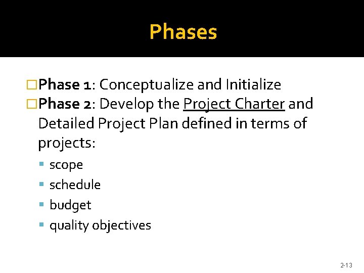 Phases �Phase 1: Conceptualize and Initialize �Phase 2: Develop the Project Charter and Detailed