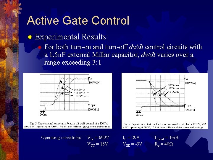 Active Gate Control ® Experimental Results: ® For both turn-on and turn-off dv/dt control