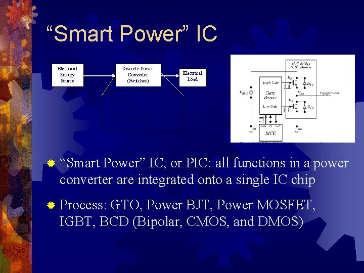 “Smart Power” IC Electrical Energy Source Discrete Power Converter (Switches) Electrical Load Functions: -
