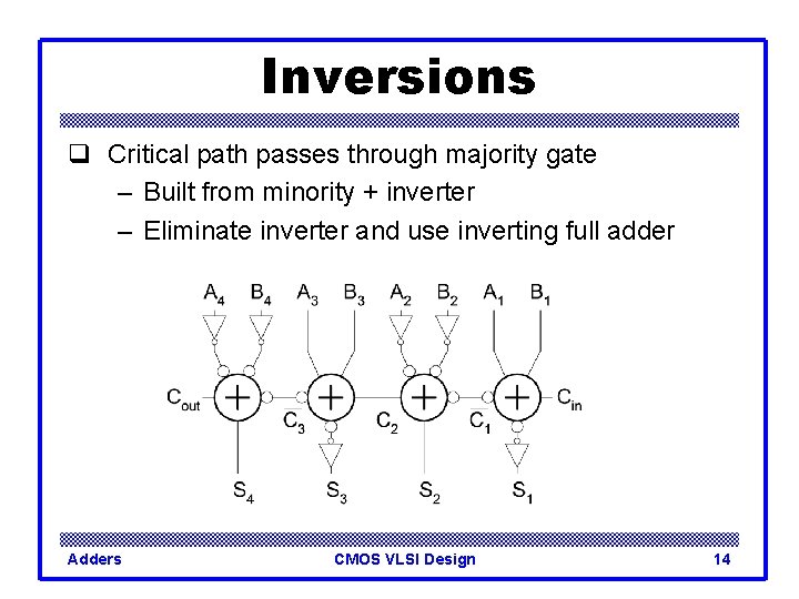 Inversions q Critical path passes through majority gate – Built from minority + inverter