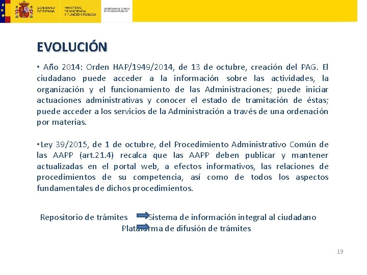 EVOLUCIÓN • Año 2014: Orden HAP/1949/2014, de 13 de octubre, creación del PAG. El