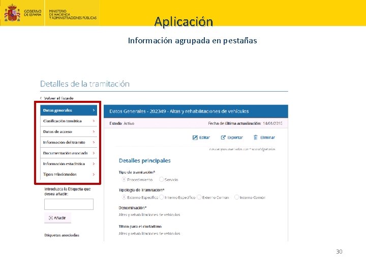 Aplicación Información agrupada en pestañas 30 