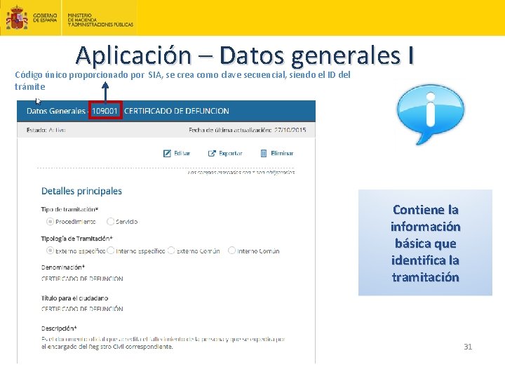 Aplicación – Datos generales I Código único proporcionado por SIA, se crea como clave