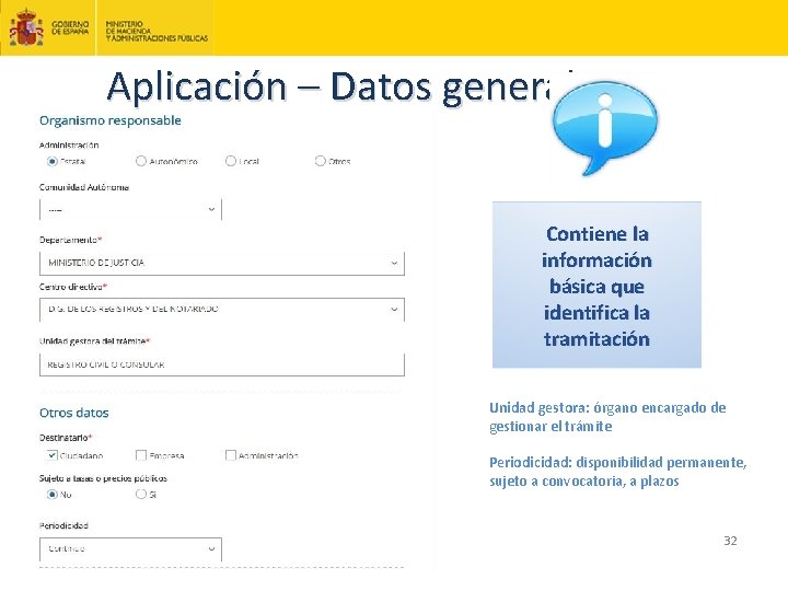 Aplicación – Datos generales II Contiene la información básica que identifica la tramitación Unidad