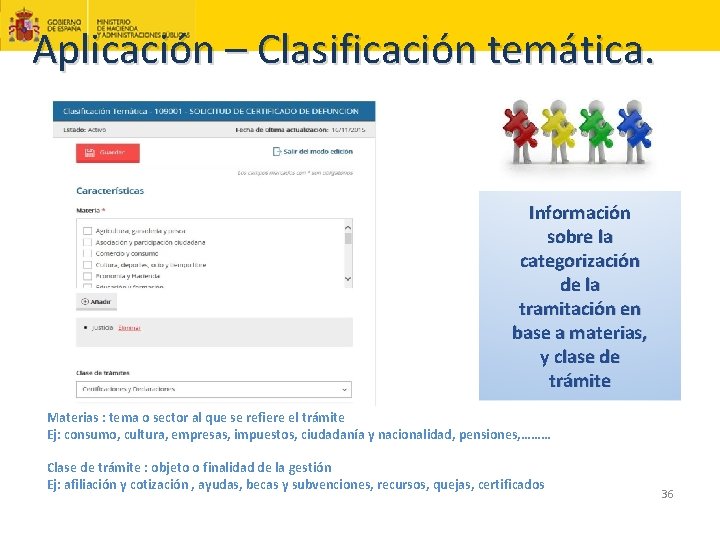 Aplicación – Clasificación temática. Información sobre la categorización de la tramitación en base a