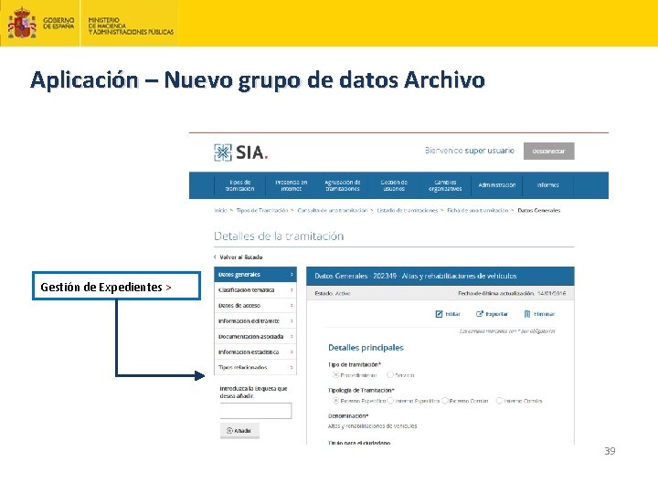 Aplicación – Nuevo grupo de datos Archivo Gestión de Expedientes > 39 