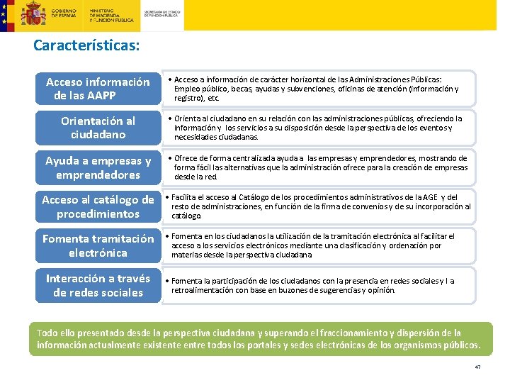 Características: Acceso información de las AAPP • Acceso a información de carácter horizontal de