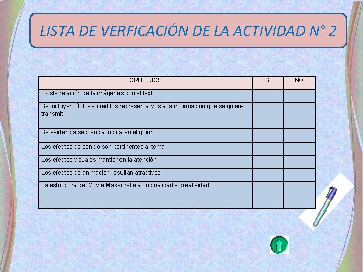 LISTA DE VERFICACIÓN DE LA ACTIVIDAD N° 2 CRITERIOS SI NO Existe relación de