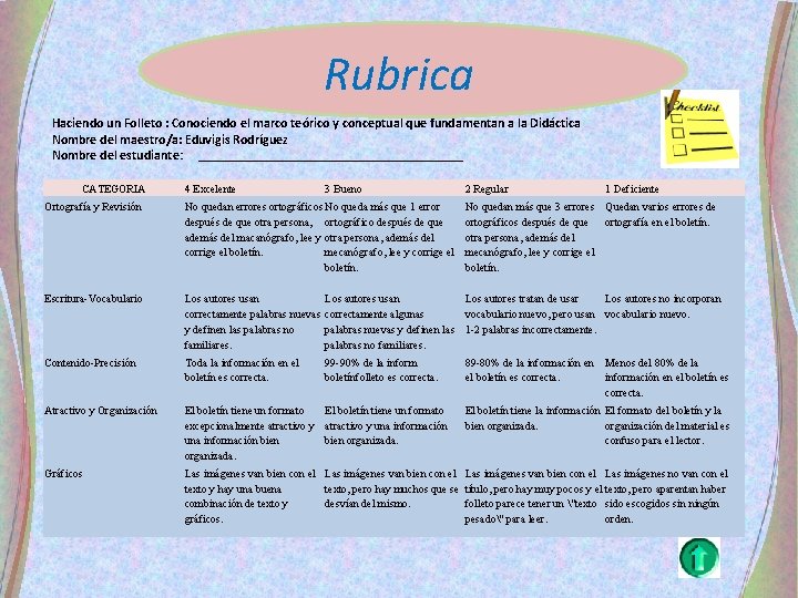 Rubrica Haciendo un Folleto : Conociendo el marco teórico y conceptual que fundamentan a