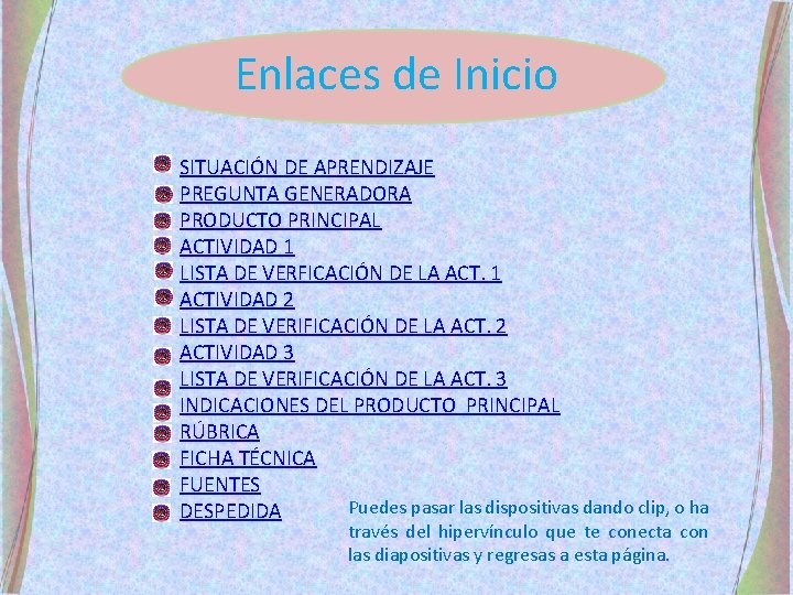 Enlaces de Inicio SITUACIÓN DE APRENDIZAJE PREGUNTA GENERADORA PRODUCTO PRINCIPAL ACTIVIDAD 1 LISTA DE