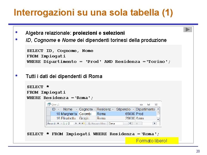 Interrogazioni su una sola tabella (1) • • Algebra relazionale: proiezioni e selezioni ID, Interrogazioni su una sola tabella (1) • • Algebra relazionale: proiezioni e selezioni ID,