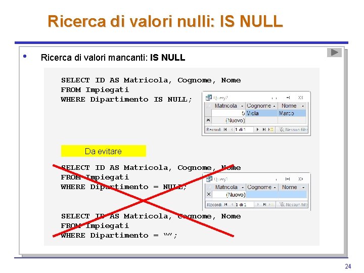 Ricerca di valori nulli: IS NULL • Ricerca di valori mancanti: IS NULL SELECT Ricerca di valori nulli: IS NULL • Ricerca di valori mancanti: IS NULL SELECT