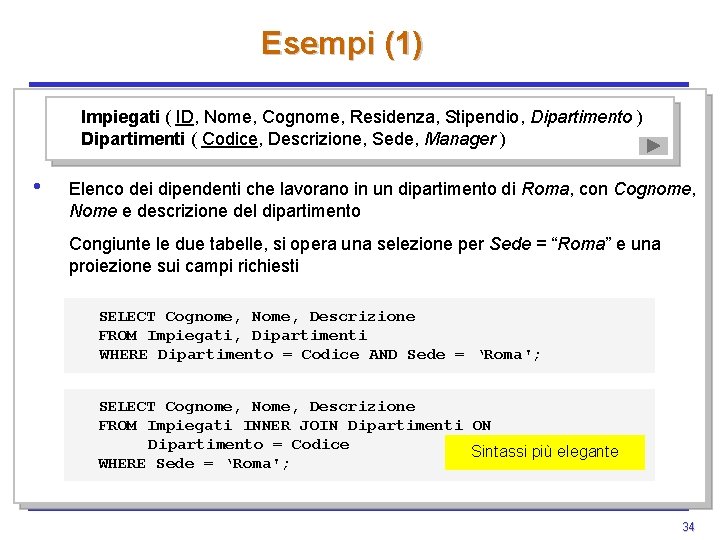 Esempi (1) Impiegati ( ID, Nome, Cognome, Residenza, Stipendio, Dipartimento ) Dipartimenti ( Codice, Esempi (1) Impiegati ( ID, Nome, Cognome, Residenza, Stipendio, Dipartimento ) Dipartimenti ( Codice,