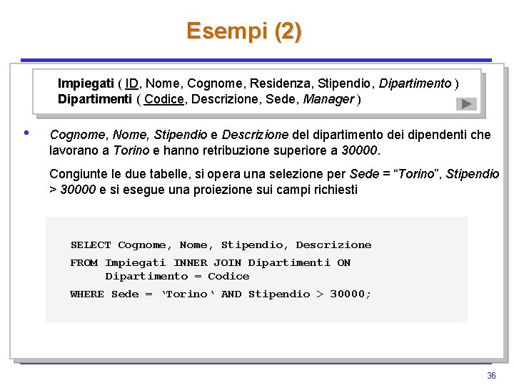 Esempi (2) Impiegati ( ID, Nome, Cognome, Residenza, Stipendio, Dipartimento ) Dipartimenti ( Codice, Esempi (2) Impiegati ( ID, Nome, Cognome, Residenza, Stipendio, Dipartimento ) Dipartimenti ( Codice,