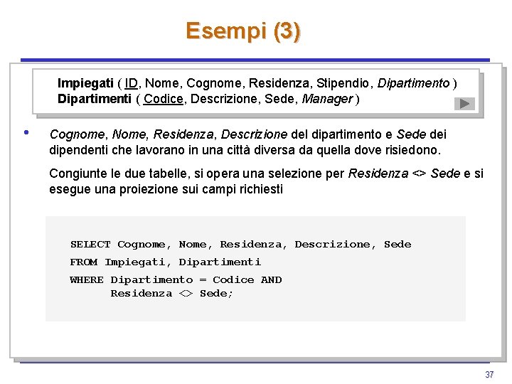Esempi (3) Impiegati ( ID, Nome, Cognome, Residenza, Stipendio, Dipartimento ) Dipartimenti ( Codice, Esempi (3) Impiegati ( ID, Nome, Cognome, Residenza, Stipendio, Dipartimento ) Dipartimenti ( Codice,