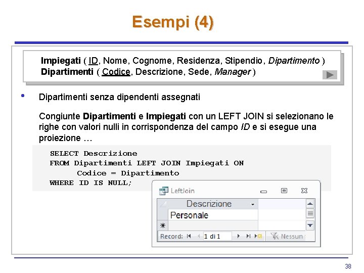 Esempi (4) Impiegati ( ID, Nome, Cognome, Residenza, Stipendio, Dipartimento ) Dipartimenti ( Codice, Esempi (4) Impiegati ( ID, Nome, Cognome, Residenza, Stipendio, Dipartimento ) Dipartimenti ( Codice,