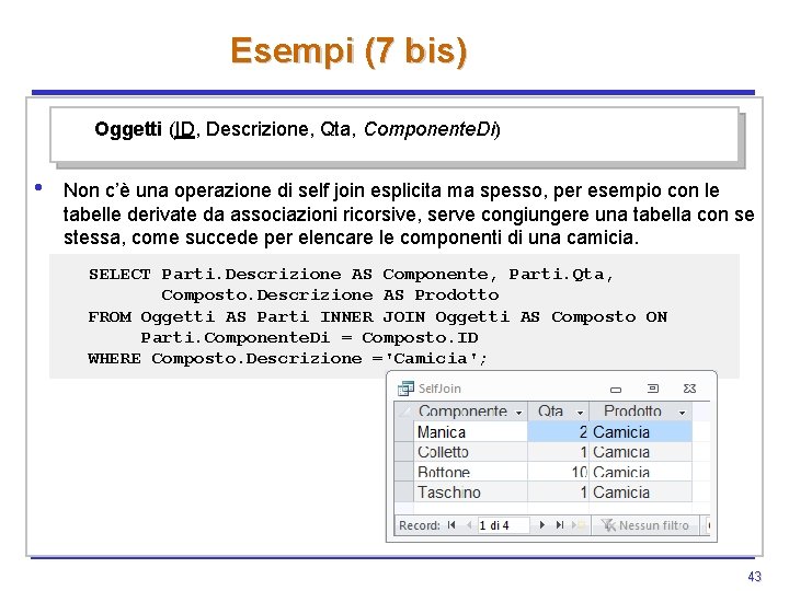 Esempi (7 bis) Oggetti (ID, Descrizione, Qta, Componente. Di) • Non c’è una operazione Esempi (7 bis) Oggetti (ID, Descrizione, Qta, Componente. Di) • Non c’è una operazione