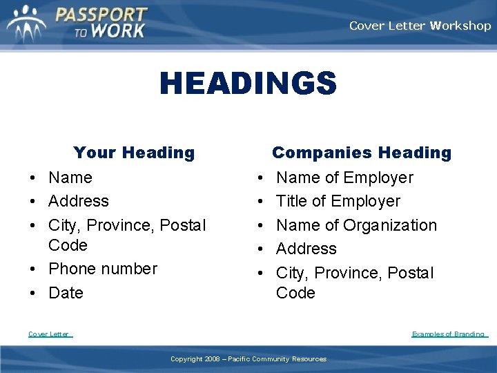 Cover Letter Workshop HEADINGS • • • Your Heading Name Address City, Province, Postal