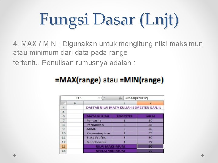 Fungsi Dasar (Lnjt) 4. MAX / MIN : Digunakan untuk mengitung nilai maksimun atau