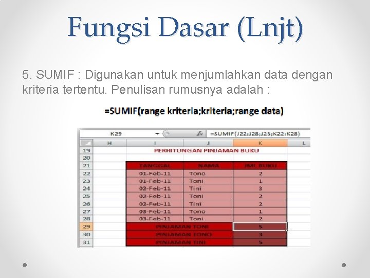 Fungsi Dasar (Lnjt) 5. SUMIF : Digunakan untuk menjumlahkan data dengan kriteria tertentu. Penulisan