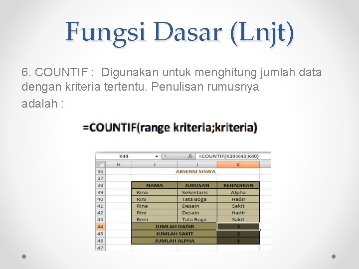 Fungsi Dasar (Lnjt) 6. COUNTIF : Digunakan untuk menghitung jumlah data dengan kriteria tertentu.