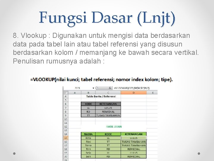 Fungsi Dasar (Lnjt) 8. Vlookup : Digunakan untuk mengisi data berdasarkan data pada tabel