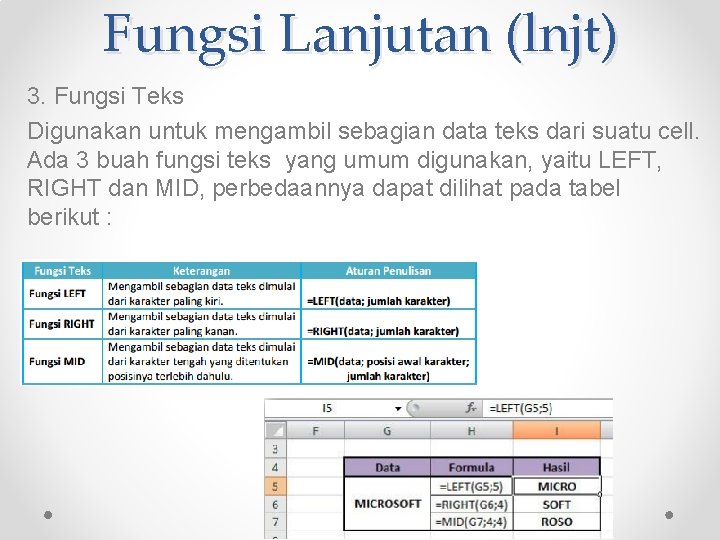 Fungsi Lanjutan (lnjt) 3. Fungsi Teks Digunakan untuk mengambil sebagian data teks dari suatu