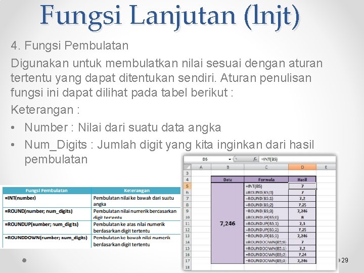 Fungsi Lanjutan (lnjt) 4. Fungsi Pembulatan Digunakan untuk membulatkan nilai sesuai dengan aturan tertentu