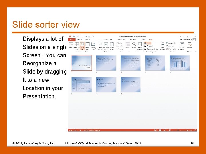 Slide sorter view Displays a lot of Slides on a single Screen. You can