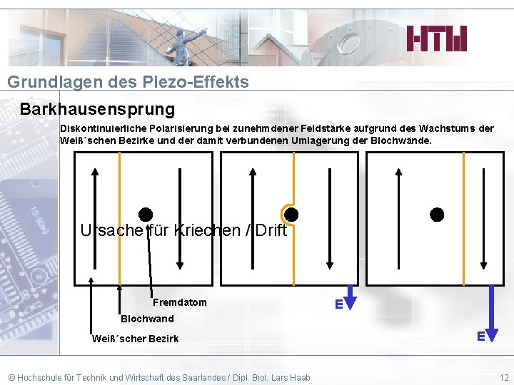 Grundlagen des Piezo-Effekts Barkhausensprung Diskontinuierliche Polarisierung bei zunehmdener Feldstärke aufgrund des Wachstums der Weiß´schen