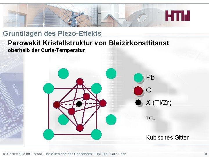 Grundlagen des Piezo-Effekts Perowskit Kristallstruktur von Bleizirkonattitanat oberhalb der Curie-Temperatur Pb O X (Ti/Zr)