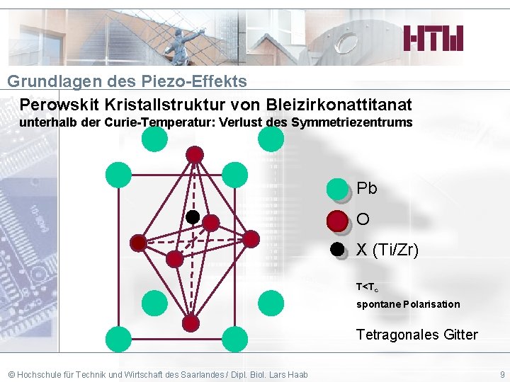 Grundlagen des Piezo-Effekts Perowskit Kristallstruktur von Bleizirkonattitanat unterhalb der Curie-Temperatur: Verlust des Symmetriezentrums Pb