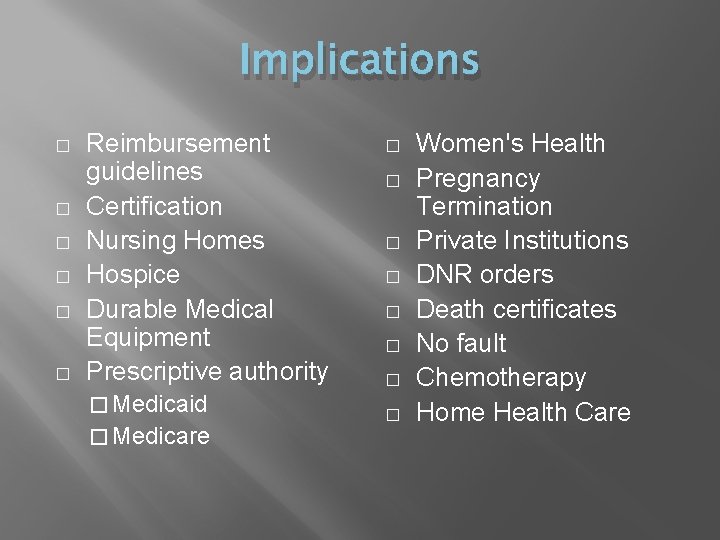 Implications � � � Reimbursement guidelines Certification Nursing Homes Hospice Durable Medical Equipment Prescriptive Implications � � � Reimbursement guidelines Certification Nursing Homes Hospice Durable Medical Equipment Prescriptive