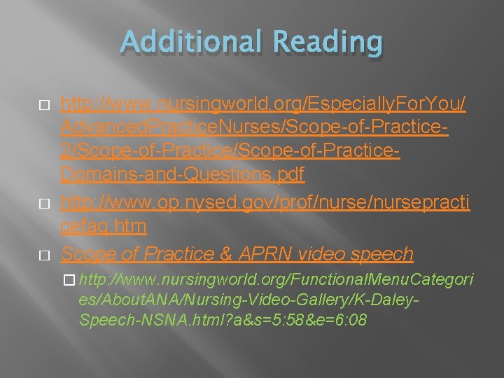 Additional Reading � � � http: //www. nursingworld. org/Especially. For. You/ Advanced. Practice. Nurses/Scope-of-Practice Additional Reading � � � http: //www. nursingworld. org/Especially. For. You/ Advanced. Practice. Nurses/Scope-of-Practice